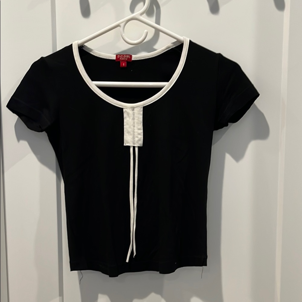 Black and White Crop Tie Front T-Shirt